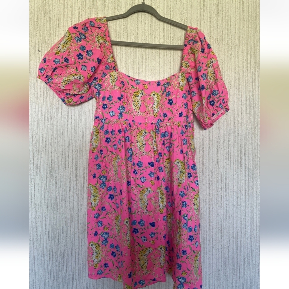 Lilly Pulitzer 10 Kay Babydoll Dress Prosecco Pink Tigress Garden Puffy Sleeves